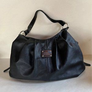Armani Exchange Pleated Napa Leather Hobo Bag Nickel Logo Plate Hardware Slouch